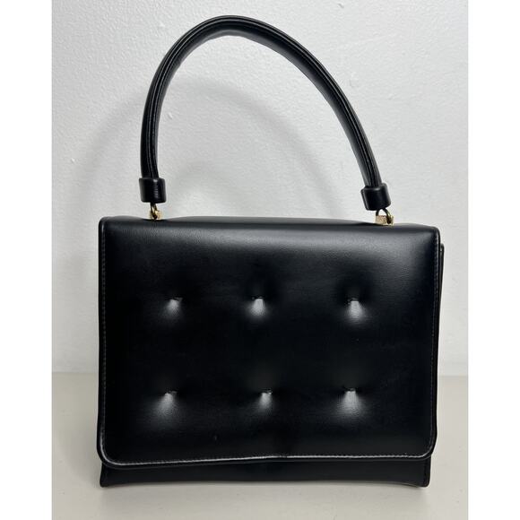 Vintage Black Faux Leather Top Handle Structured Handbag Purse Retro - Picture 1 of 11
